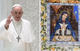 Papa Francisco e imagen de Nuestra Señora de Altagracia. Crédito: Daniel Ibáñez / ACI Prensa. CED 