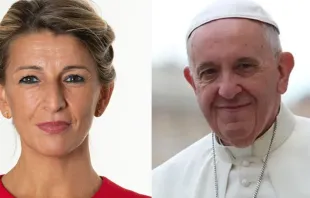 La Vicepresidenta segunda del Gobierno de Espau00f1a, Yolanda Du00edaz y el Papa Francisco. Cru00e9dito: Gobierno de Espau00f1a y Daniel Ibu00e1u00f1ez/ACI Prensa 