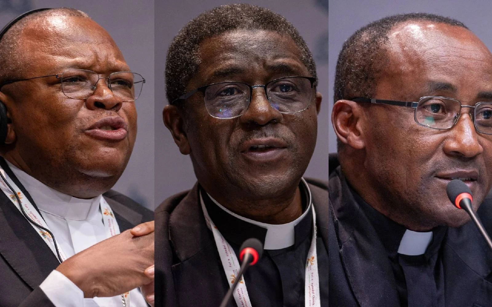 El Cardenal congoleño Fridolin Ambongo Besungu; el arzobispo Andrew Nkea Fuanya, de Camerún; y el Cardenal Edouard Sinayobye, de Ruanda; conversan con los periodistas en las ruedas de prensa del Sínodo de la Sinodalidad, en octubre de 2024.?w=200&h=150