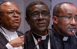 El Cardenal congoleño Fridolin Ambongo Besungu; el arzobispo Andrew Nkea Fuanya, de Camerún; y el Cardenal Edouard Sinayobye, de Ruanda; conversan con los periodistas en las ruedas de prensa del Sínodo de la Sinodalidad, en octubre de 2024. Crédito: Daniel Ibáñez / EWTN News.