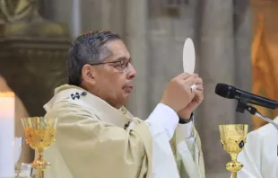 Mons. Alfredo Espinoza Mateus en la Misa del 12 de septiembre en la Basílica del Voto Nacional. Crédito: Sitio web del 53° Congreso Eucarístico Internacional