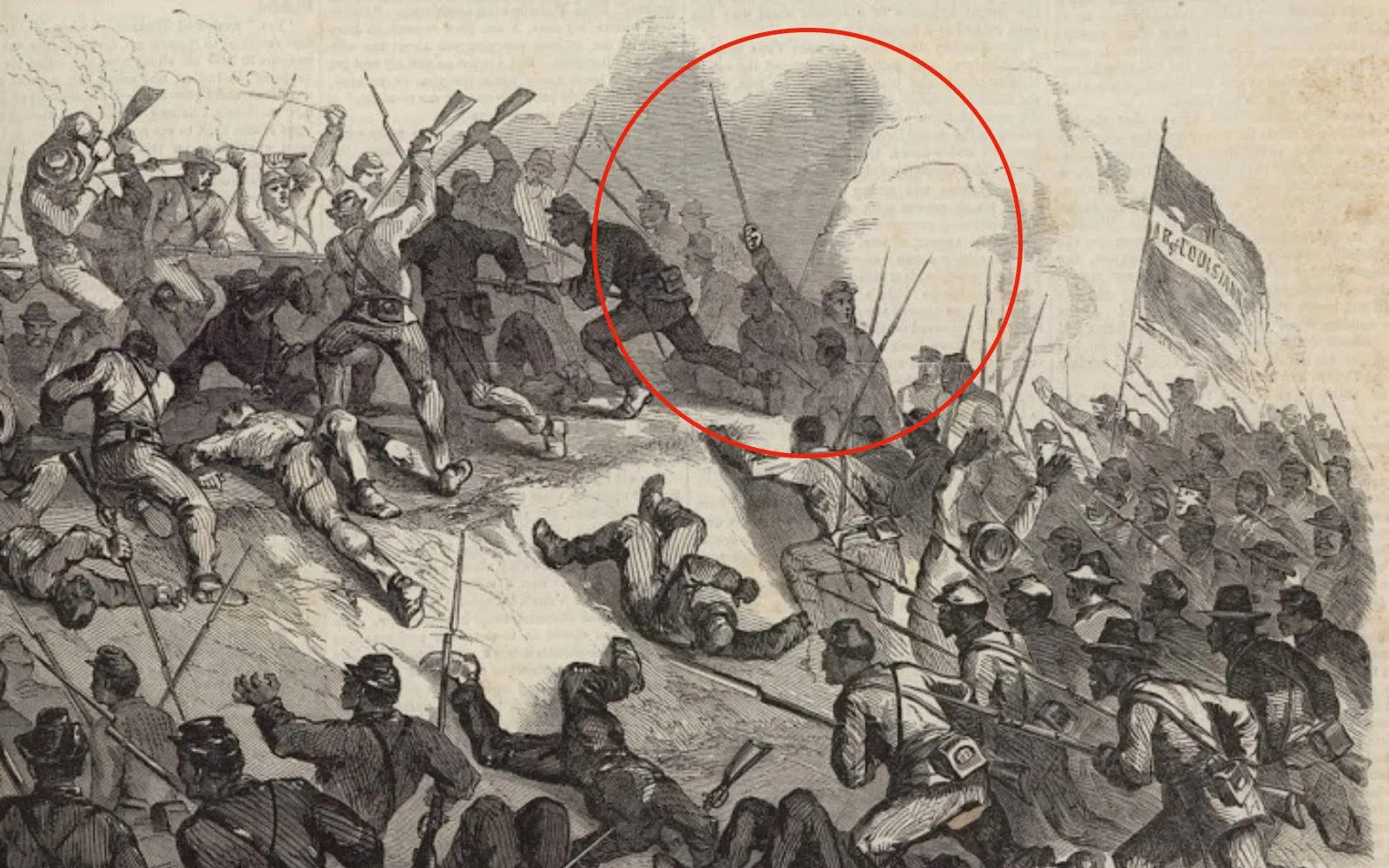 Representación de André Cailloux (dentro del círculo rojo) en batalla, sosteniendo su espada, antes de su muerte, 27 de mayo de 1863.?w=200&h=150