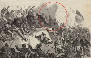 Representación de André Cailloux (dentro del círculo rojo) en batalla, sosteniendo su espada, antes de su muerte, 27 de mayo de 1863. Crédito: Frank Leslie's Journal / Dominio público.