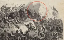 Representación de André Cailloux (dentro del círculo rojo) en batalla, sosteniendo su espada, antes de su muerte, 27 de mayo de 1863.