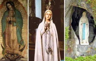 Pintura original de la Virgen de Guadalupe, imágenes de la Virgen de Fátima y de la Virgen de Lourdes. Crédito: Dominio Público, Wikimedia Commons (CC BY-SA 2.0) y (CC BY-SA 4.0).