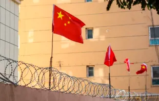 Banderas chinas en un muro de alambre en Kashgar (Kashi), Xinjiang, China Crédito: Jonathan Densford/Shutterstock