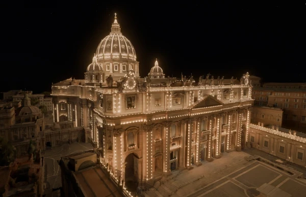 Una imagen de la Basílica de San Pedro de noche generada por IA. Crédito: Microsoft La Basílica de San Pedro: experiencia mejorada con IA