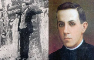 Izquierda: El Beato Miguel Pro se enfrenta al pelotón de fusilamiento el 23 de noviembre de 1927. Derecha: Un retrato del Padre Pro. Crédito: Wikimedia Commons.