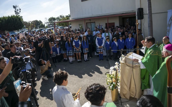 The faithful gathered for the blessing of the garden in memory of Bishop David O'Connell. Credit: Archdiocese of Los Angeles.