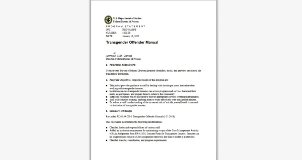 Screen capture of the “Transgender Manual” of the Department of Justice, which is no longer available on the prison office website. Credit: Federal Prison Office.