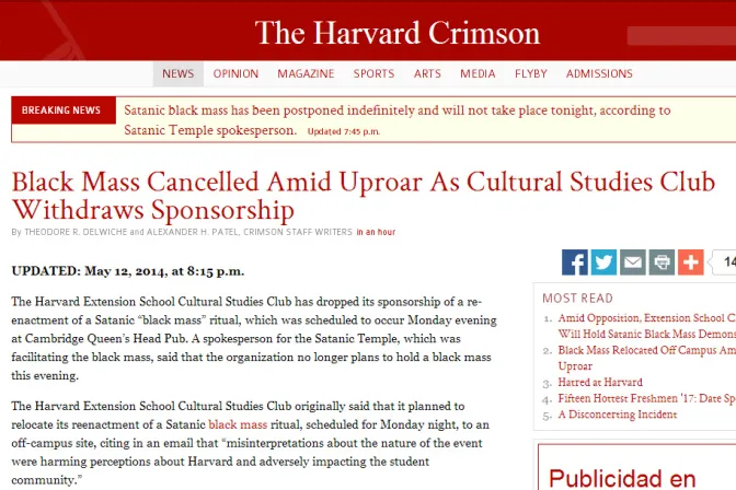 Cancelan misa negra satánica en Universidad de Harvard