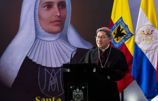 Con la imagen de Santa Laura Montoya de fondo, el Cardenal Luis Antonio Tagle brinda el primer discurso del XIII Congreso Nacional Misionero de Colombia. Crédito: Eduardo Berdejo (ACI).