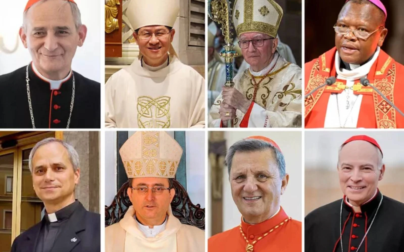 Arriba (de izquierda a derecha) Cardenal Matteo Zuppi, Cardenal Luis Tagle, Cardenal Pietro Parolin, Cardenal Fridolin Ambongo. Abajo (de izquierda a derecha) Cardenal Robert Francis Prevost, Cardenal Sérgio da Rocha, Cardenal Mario Grech, Cardenal Carlos Aguiar Retes.?w=200&h=150