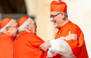 El Cardenal Giovanni Battista Re saluda al nuevo Cardenal Pierbattista Pizzaballa Crédito: Daniel Ibáñez / ACI Prensa