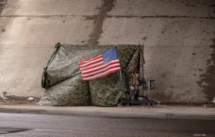 Bandera estadounidense en una tienda de campaña hecha de lona de camuflaje en un paso subterráneo de una carretera. Crédito: F Armstrong Photography / Shutterstock.