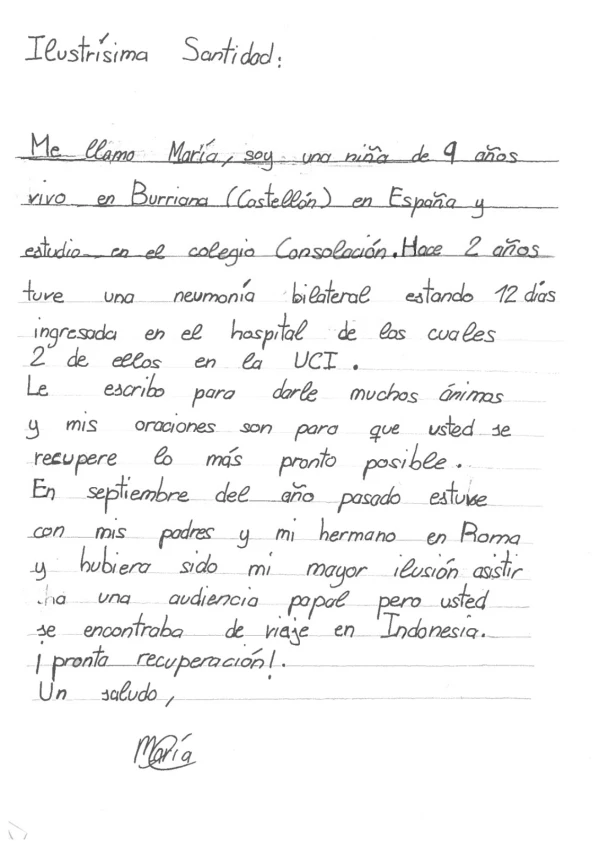 Maria letter, 9 -year -old Spanish girl, Pope Francis. Credit: Vatican News.