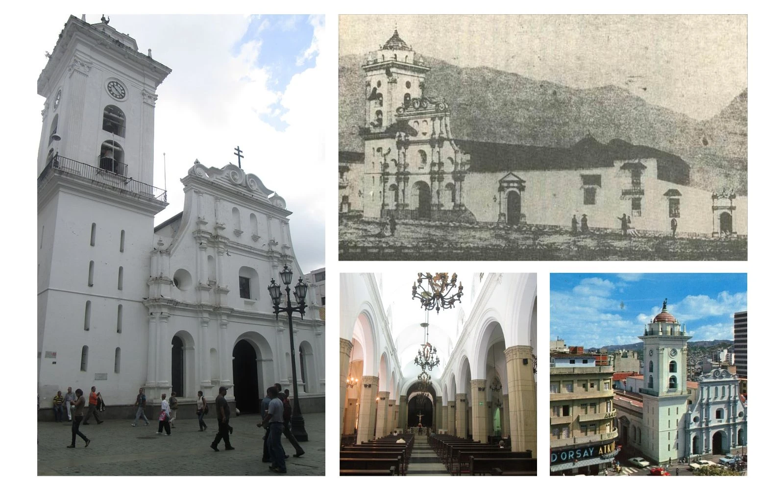 De izquierda a derecha en el sentido de las agujas del reloj: Fachada exterior de la Catedral de Caracas (Alexis Carmona - Trabajo propio, CC BY 3.0); Catedral de Caracas, en 1867 (Desconocido, dominio público); Panorámica de la Catedral durante el siglo XX (Arquidiócesis de Caracas); Interior de la Catedral de Caracas (AlexisCarmona, CC BY-SA 3.0).?w=200&h=150