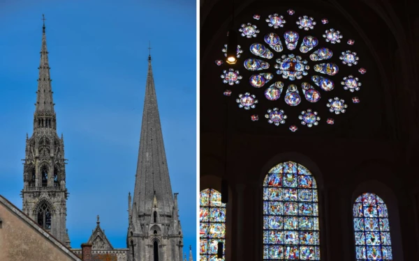 Los peregrinos son recibidos por los campanarios a lo lejos y las impecables vidrieras cuando están dentro de la Catedral de Notre-Dame de Chartres, en Francia. Crédito: Cortesía.