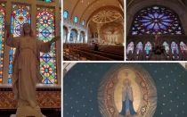 El viaje fotográfico de Andrew Masi incluye (en el sentido de las agujas del reloj desde la izquierda): Catedral de San Andrés, Little Rock, Arkansas; Catedral de la Inmaculada Concepción, Memphis, Tennessee; Catedral-Basílica del Sagrado Corazón, Newark, Nueva Jersey; y la Basílica de la Inmaculada Concepción, Concepción, Missouri.