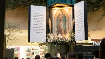 Rezo del Rosario frente a imagen de la Virgen de Guadalupe.