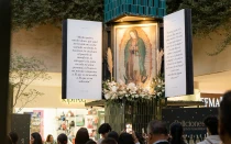 Rezo del Rosario frente a imagen de la Virgen de Guadalupe.