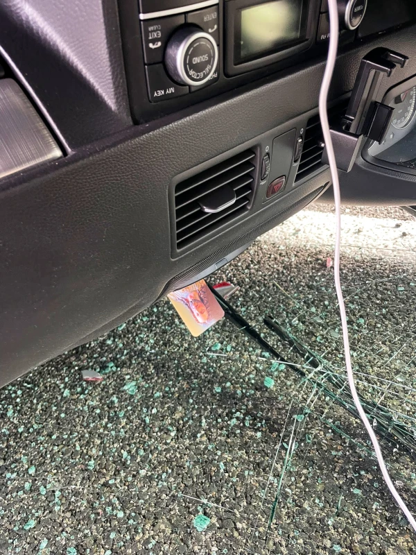 Stamp of the Sacred Heart of Jesus in the overturned car of the Mayoral Family after the accident. Credit: Courtesy Jose María Mayoral