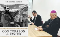 La portada del libro "Con Corazón de Pastor" y los presentadores en Costa Rica: Mons. Ángel San Casimiro y Luis Fernando Calvo.