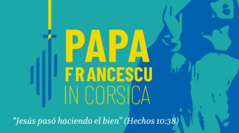 Logotipo oficial de la visita apostólica del Papa Francisco a Córcega, con el lema «Jesús pasó haciendo el bien» (Hechos 10,38). El diseño resalta a la Virgen María, Reina de Córcega, con elementos simbólicos mediterráneos y cristianos.