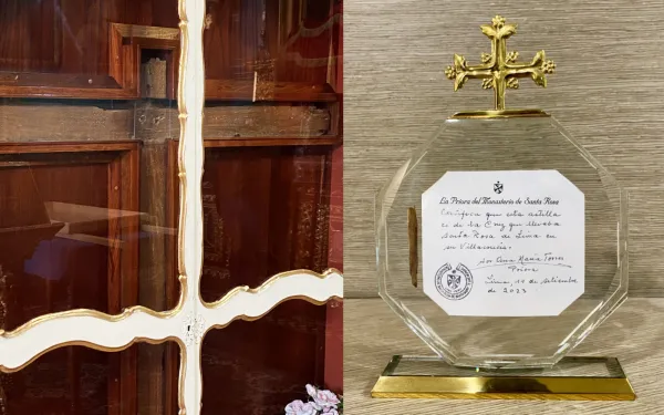 Left: Santa Rosa Cross preserved inside an urn. Right: Splinter of the saint's cross in the ACI Prensa offices. Credit: EWTN