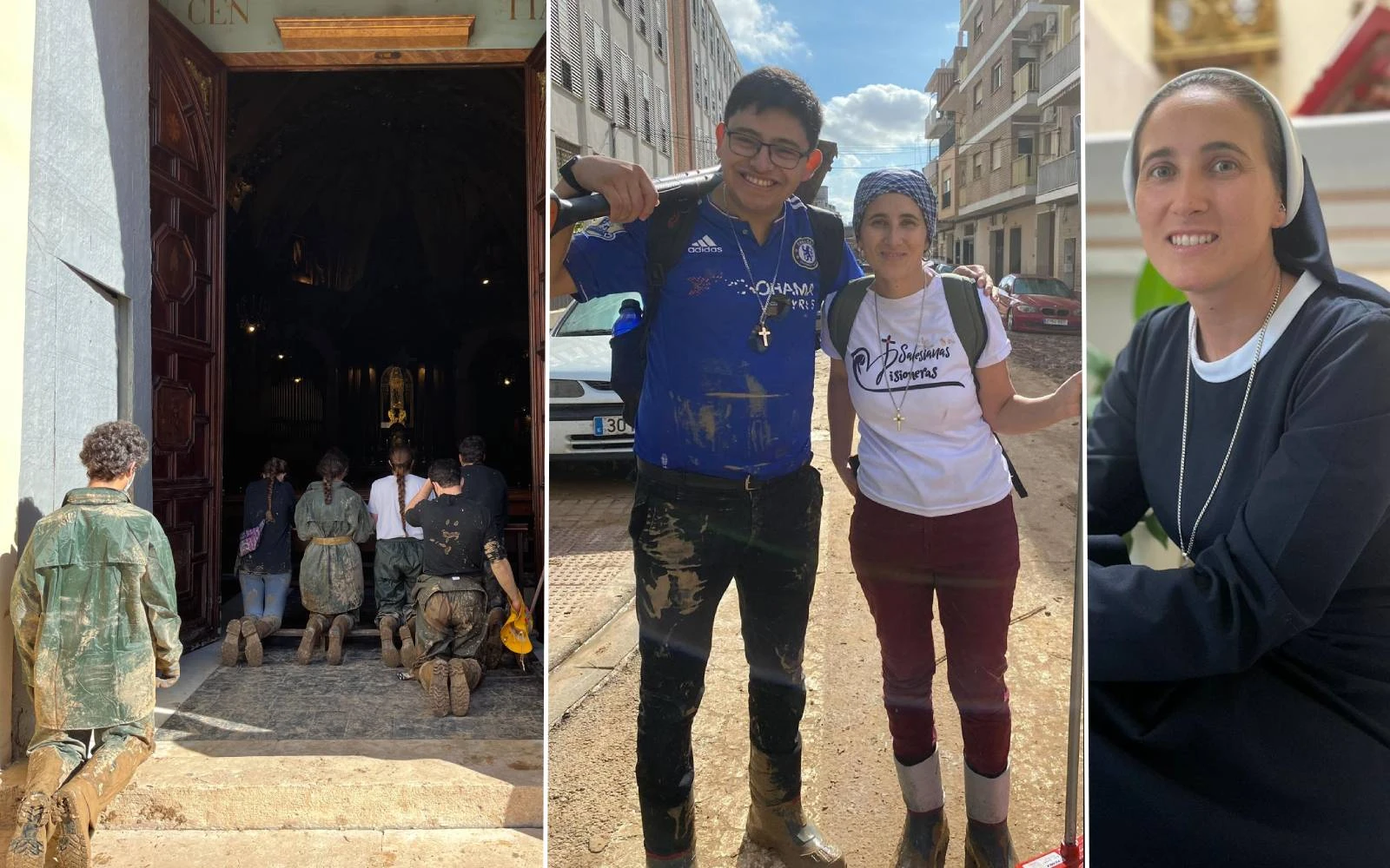 Foto izquierda: Misioneros y voluntarios en El Raval rezando antes de salir a servir al prójimo. Foto medio: P. Alejandro Beltrán y la Hermana Clara en labores de ayuda humanitaria. Foto derecha: Hermana Clara Medina Serra.?w=200&h=150