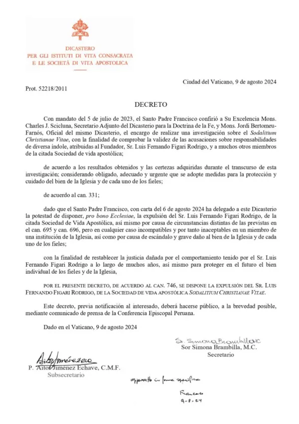 Decreto del Dicasterio para la Vida Consagrada y las Sociedades de Vida Apostólica informado la expulsión de Luis Fernando Figari del SCV. Crédito: Conferencia Episcopal Peruana.