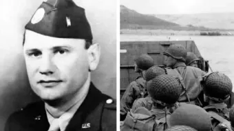 Tropas de asalto estadounidenses en una lancha de desembarco se acercan a la playa de Omaha el 6 de junio de 1944. El P. Ignatius Maternowski (a la izquierda) murió ese fatídico día.