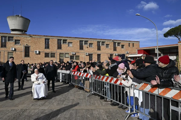 The Pope greets the faithful outside the temple. Credit: Vatican Media