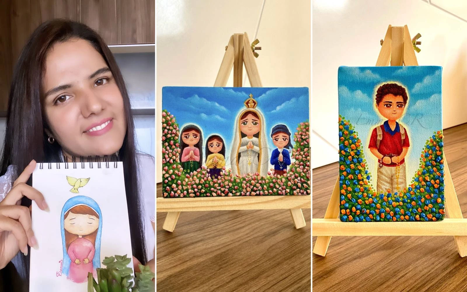 Emma Córdova Reto y sus obras de arte: Pinturas de la Virgen Fátima y los tres pastorcitos, junto a otra de Carlo Acutis.?w=200&h=150