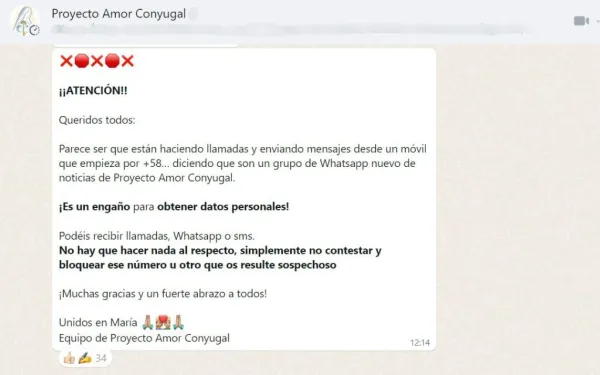 Mensaje de advertencia de Proyecto Amor Conyugal sobre una posible estafa en su nombre. Crédito: Proyecto Amor Conyugal.