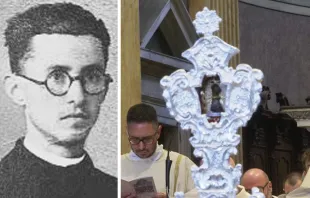Sacerdote mártir Giuseppe Rossi y una reliquia suya en la Misa de beatificación el 26 de mayo. Crédito: Dicasterio para las Causas de los Santos / Diócesis de Novara