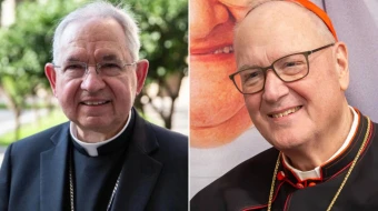 Mons. José Gomez, Arzobispo de Los Ángeles (izquierda); y el Cardenal Timothy Dolan, Arzobispo de Nueva York; anunciaron una apuesta amistosa sobre la Serie Mundial de 2024.