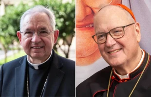 Mons. José Gomez, Arzobispo de Los Ángeles (izquierda); y el Cardenal Timothy Dolan, Arzobispo de Nueva York; anunciaron una apuesta amistosa sobre la Serie Mundial de 2024. Crédito: Daniel Ibáñez / CNA; Jonah McKeown / CNA.