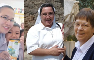 Las primeras 3 religiosas de las Hermanas Hospitalarias del Sagrado Corazón de Jesús que llegaron a Timor Oriental en 2019. La Hna. Isabel Santamaría Benito, HSC al centro. Crédito: Hermanas Hospitalarias.