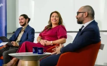 Lia García, directora del Ministerio Hispano de la Arquidiócesis de Baltimore, habla en un panel de discusión que explora el impacto de los latinos en Estados Unidos en las elecciones de 2024, organizado por la  Initiative on Catholic Social Thought and Public Life de la Universidad de Georgetown, el lunes 7 de octubre de 2024.