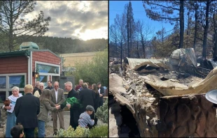 La Misión Católica del Espíritu Santo en Washoe Valley, Nevada, antes (izquierda) y después de que un incendio forestal destruyera la iglesia el sábado 7 de septiembre de 2024. Crédito: Vincent Toomey.