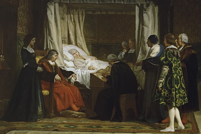 Cuadro titulado "Doña Isabel la Católica dictando su testamento", por Eduardo Rosales, 1864, Museo del Prado.