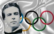 Composición de la bandera olímpica con la imagen del dominico Henri Didon, creador del lema olímpico.