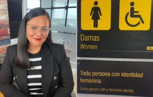 Olga Izquierdo y la señalética del baño de mujeres en el Aeropuerto Internacional Jorge Chávez de Lima, en Perú. Crédito: ADF International