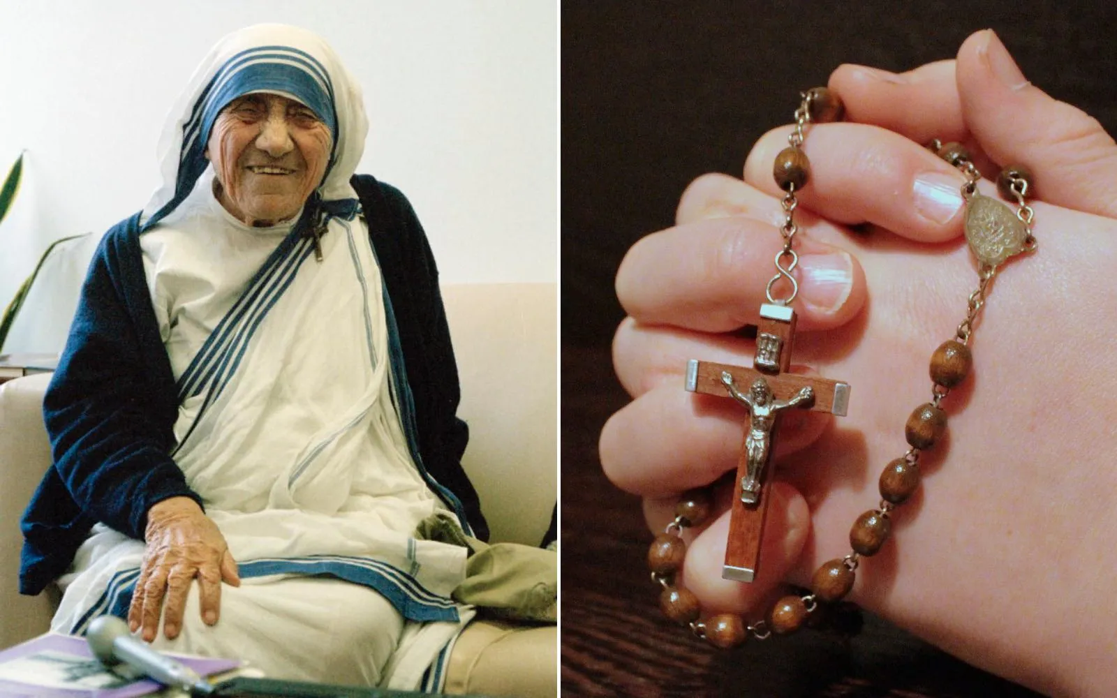 Madre Teresa de Calcuta durante su visita a la sede de Naciones Unidas en Nueva York en 1995. / Mano sosteniendo un rosario.?w=200&h=150