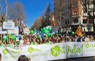 Pancarta de la manifestación "Sí a la Vida" celebrada en Madrid en marzo de 2023. Crédito: Nicolás de Cárdenas / ACI Prensa 