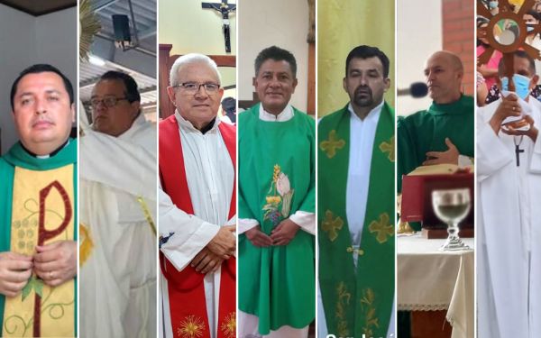 Mons. Ulises Vega Matamoros; Mons. Edgar Sacasa Sierra; Parroquia San Isidro Labrador- Matagalpa; P. Víctor Godoy; P. Jairo Pravia Flores; P. Marlon Velásquez; P. Jarvin Torrez; P. Raúl Villegas. Crédito: Diócesis Media- Parroquia San Ramón Nonato, Matagalpa; Diócesis Media. Parroquia Inmaculada Concepcion de Maria, Sebaco; Diócesismedia Parroquia San José Terrabona - Nicaragua; Diócesis Media: Seminario Mayor de Filosofía san Luis Gonzaga, Matagalpa; Diócesis Media-Parroquia Nuestra Señora de Guadalupe Matiguas