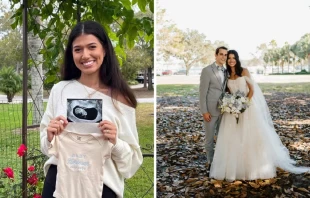 De izquierda a derecha: Mariana (Mari) Kuhlman comparte una feliz noticia; Mariana y Nathaniel (Nate) Kuhlman sonríen el día de su boda. Crédito: Cortesía de Heather Kuhlman; Right Up Your Allie Photography, LLC