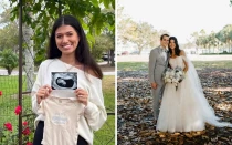 De izquierda a derecha: Mariana (Mari) Kuhlman comparte una feliz noticia; Mariana y Nathaniel (Nate) Kuhlman sonríen el día de su boda.