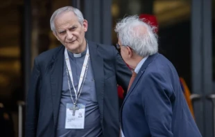 El Cardenal Matteo Zuppi (izquierda) llega al Vaticano para las reuniones del Sínodo sobre la Sinodalidad el 10 de octubre de 2024. Crédito: Daniel Ibañez/CNA